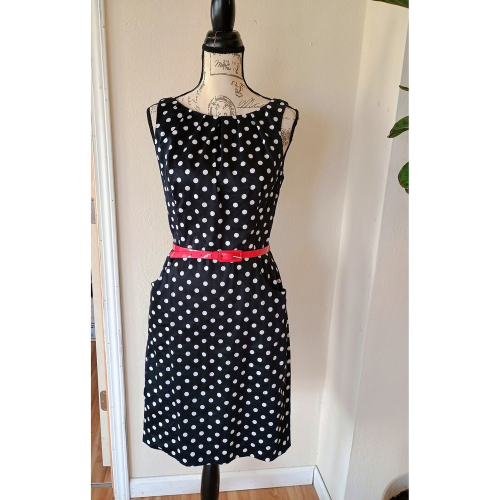 Lauren Ralph Lauren Polka Dot Sheath Dress Black White Pink Belt Size 8 Retro
